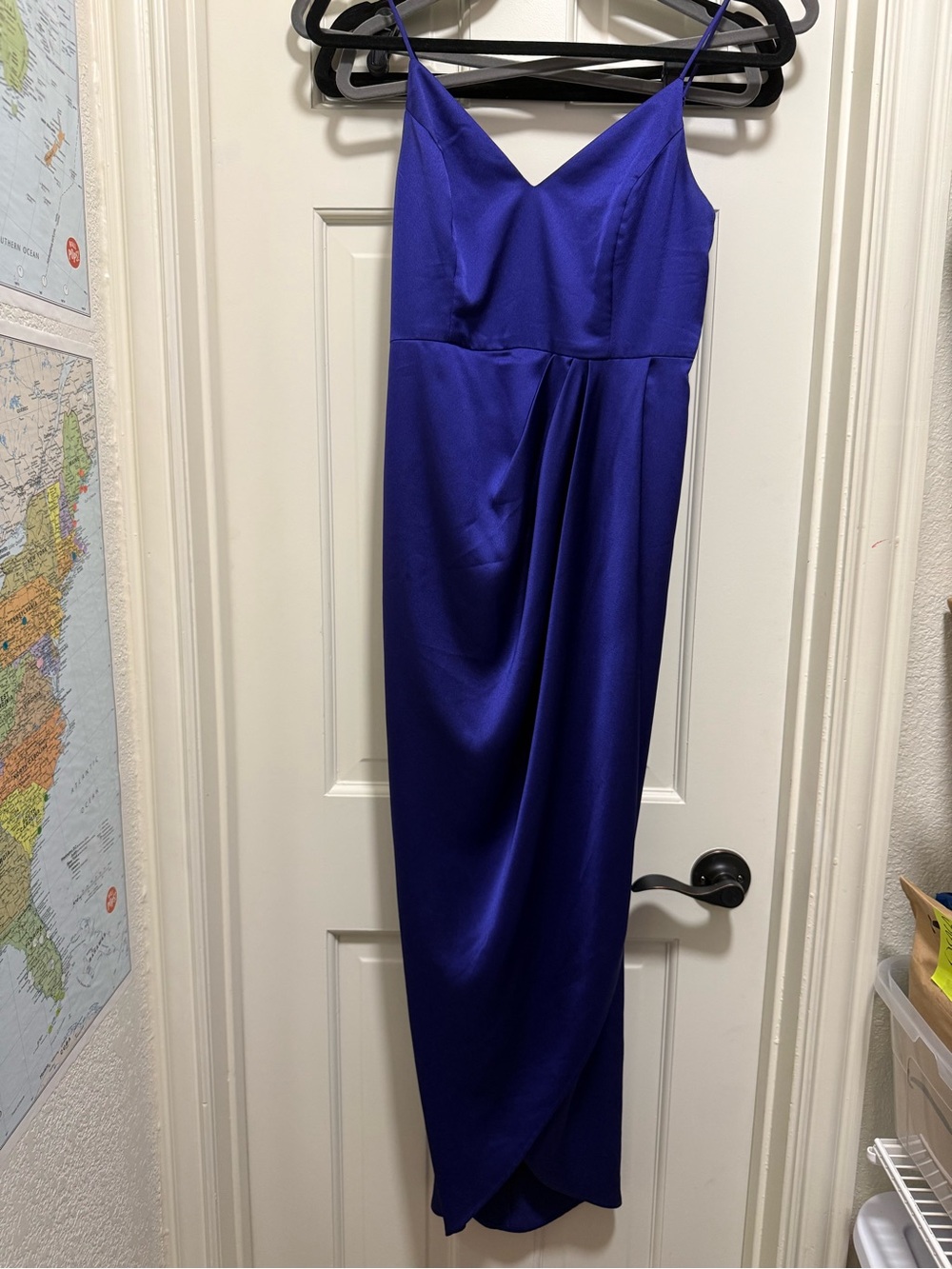 Express Cobalt Blue Satin Maxi Slip Dress with Spaghetti Straps